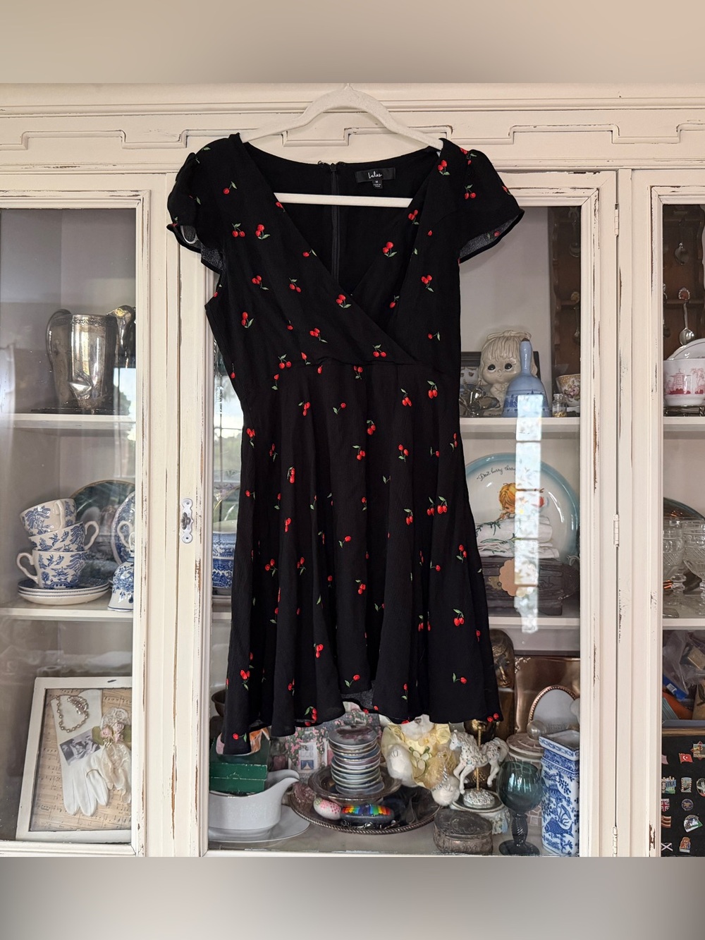Lulu's Black Cherry-Print Wrap Skater Dress